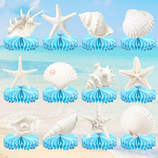 12Pcs Under the Sea Party Honeycomb Decoration Ocean Seashell Centerpieces for Table Coastal Beach Party Table Decoration Seashell Starfish Centerpieces Decor for Nautical Birthday Party Supplies