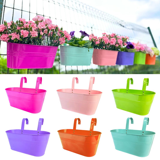 LaLaGreen Rail Planter (17 Inch, 6 Pack) Colorful Metal Hanging Flower Pots Railing Fence Balcony Gardening for Apartment Patio Planters Modern Garden Style Iron Outdoor Decoration Porch Decor