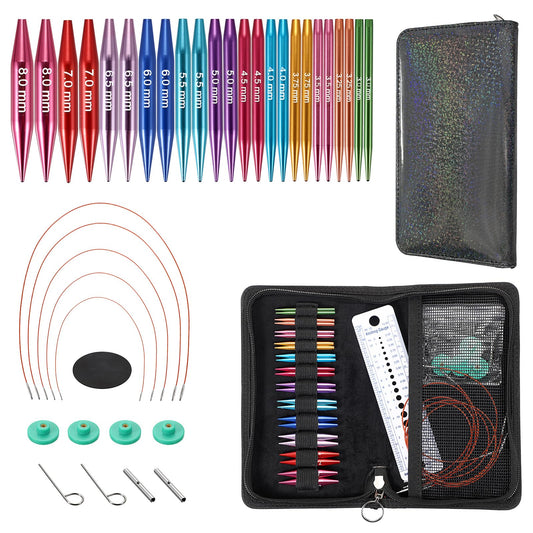 Hoowen Short Interchangeable Knitting Needles Set, 2-Inch Metal Circular Knitting Needles Kit for Beginners, 12 Pairs, Size US 2.5, 3, 4, 5, 6, 7, 8, 9, 10, 10.5, 11 with Case, Cables & Accessories