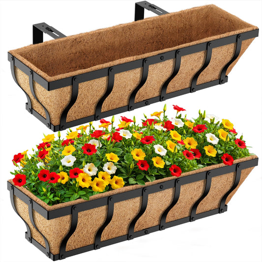 VOXOR Railing Planter Boxes, Heavy Duty Window Box Planters, Adjustable Balcony Planters for Railing Hanging, with Coco Liner & Support Rod for Deck, Porch, and Patio Gardening (2 Pack, 24 Inch)