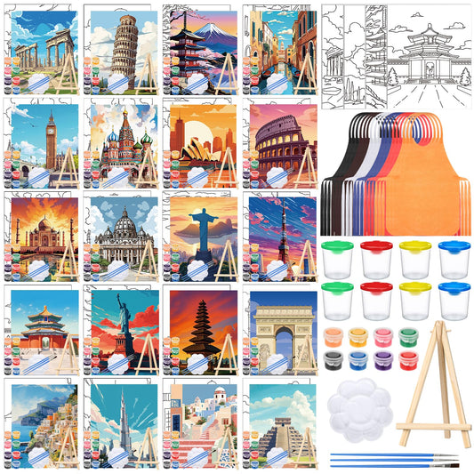 Sherr 140 Pcs 20 Set Pre Drawn Canvas Kit for Painting Craft Sip and Paint Kit for Adults Pre Printed Canvas Painting Favor for Virtual DIY Birthday Gifts Adult's Date Party(Landmarks)