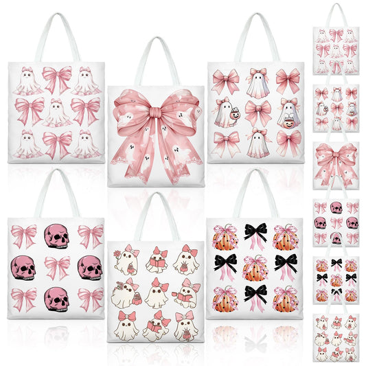 Kosiz 6 Pcs Halloween Tote Bags Bulk Pink Ghost Tote Reusable Trick or Treat Goodie Bags Cute Ghost Canvas with Handles for Halloween Bow Pumpkin Canvas Supplies Shopping Party Favors