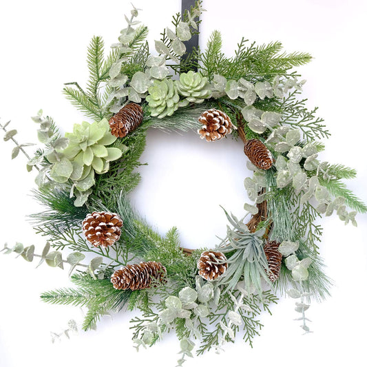 Idyllic 22 Inch Greenery Winter Wreath with Snowy Pine Cones and Succulent Plants - Large Christmas Wreath for Front Door, Rustic Farmhouse Pine Wreath for Indoor Outdoor Decor