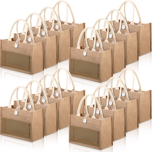 Reginary 16 Pcs Jute Burlap Totes Jute Tote Bags Reusable Burlap Beach Bags with Handle for Wedding Gifts, 11.8 x 7.87 x 5.5(Khaki,Classic)