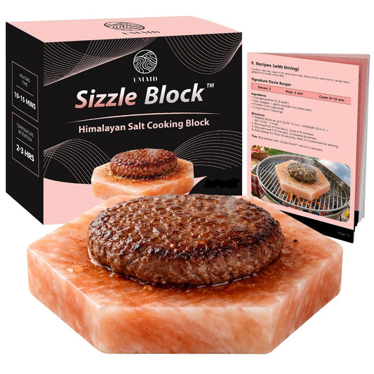 UMAID Sizzle Block™ Himalayan Salt Block for Burgers – 4 Pack Grill Cooking Stone – Even Searing for Juicy, Crispy Burgers – Food Grade Salt Slab for BBQ, Grilling, Oven & Stovetop with Recipe Booklet