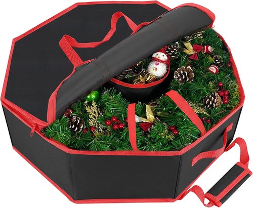 Christmas Wreath Storage Box - 30 Inch Hard Shell with Interior Pockets & Dual Zippers | Black