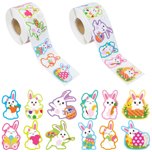 1200 PCS Easter Bunny Stickers Roll 12 Designs Easter Egg Rabbit Stickers Self-Adhesive Decorative Label Stickers for Envelopes Craft Card Gift Party Supplies, 2 Rolls