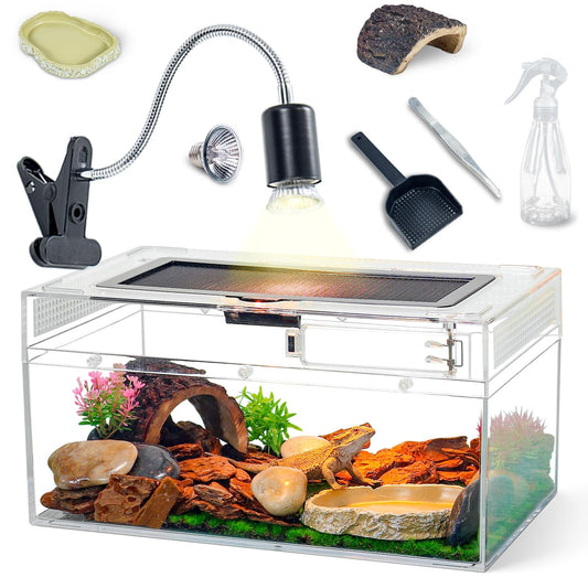 BINANO 12.5''×6''×7'' Reptile Tank Kit with Heat Lamp, Spray Bottle, Shovel, Tweezers, Food Bowl, Hideout -Perfect for Geckos, Snakes, Lizards, Turtles, Jumping Spider,Milk Frog,Hermit Crabs