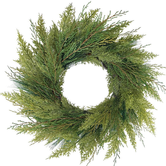 BINFEN 20” Green Faux Norfolk Pine Christmas Winter Wreath – Mixed with Real Touch Fake Cypress, Cedar & Spruce, Xmas Wreaths for Front Door Porch Mantel & Fireplace