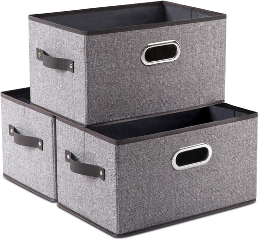 PRANDOM Large Foldable Storage Bins - Decorative Linen Fabric Baskets with Leather Handles | 3-Pack, Grey & Black Trim (14.9x9.8x8.3 Inch)