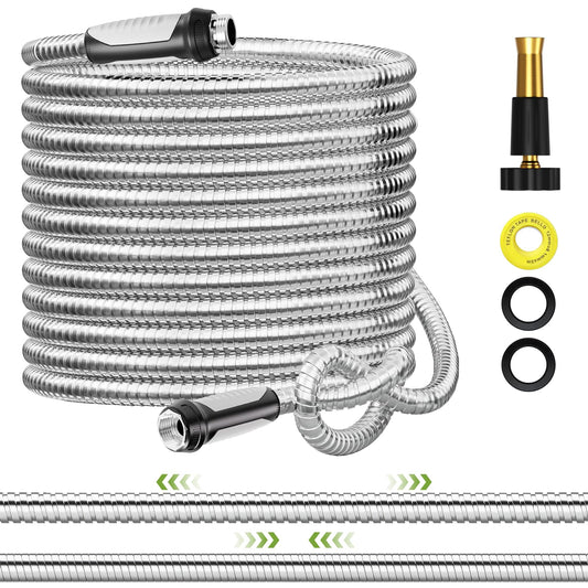 SPECILITE Expandable Garden Hose 50 FT, 304 Stainless Steel Heavy Duty Metal Water Pipe with Adjustable Nozzle - Flexible, Kink Free, Leak-Proof, Lightweight, for Outdoor, Yard, Lawn, Car Washing