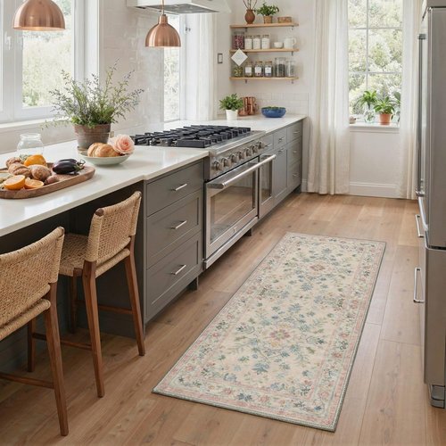 Bavni Vintage Floral Print Runner Rug - Non-Slip, Washable, Low Pile | 2x5 ft, Blush Beige for Hallway & More