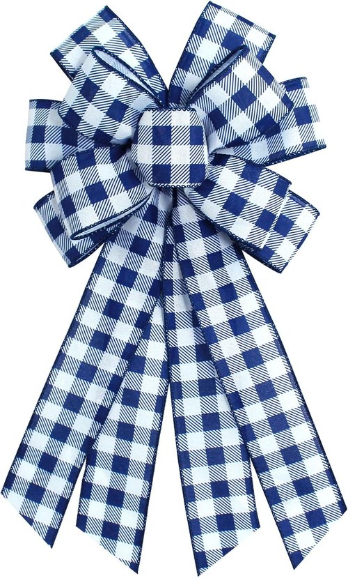 Blue Buffalo Plaid Wreath Bow - Stylish Blue & White Burlap Ribbon for Home Decor & Tree Ornaments