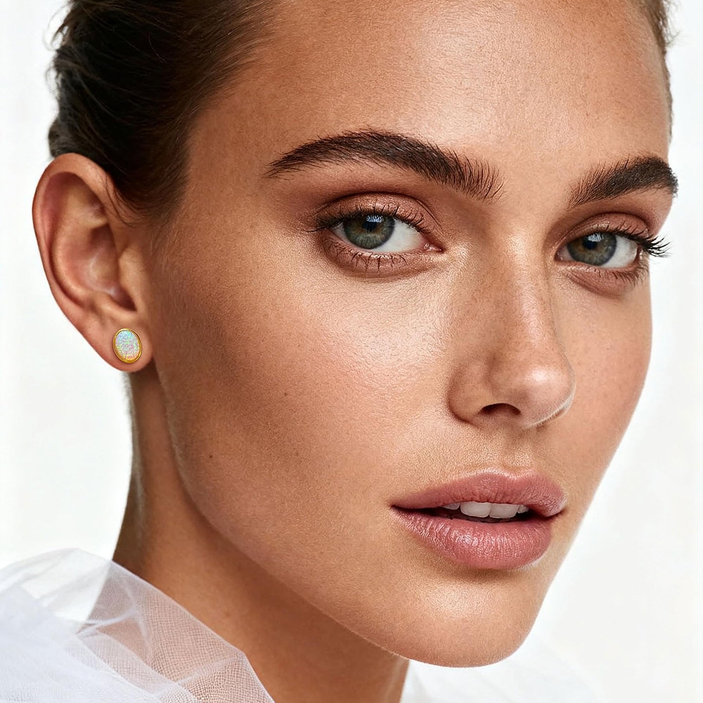 JiayangJY White Fire Opal Stud Earrings for Women 18K Yellow Gold Plated Sterling Silver Oval Shape 5mm Opal Earrings with Push Back