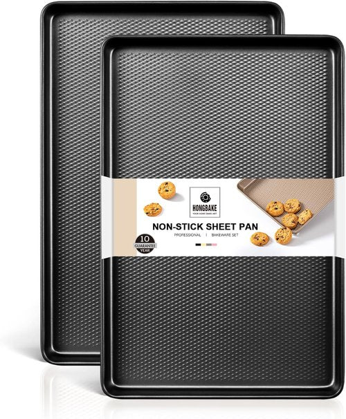 HONGBAKE Half Sheet Pan Set - 2 Pack Non-Stick Baking Sheets with Diamond Texture | 17.5" x 12" Dark Gray