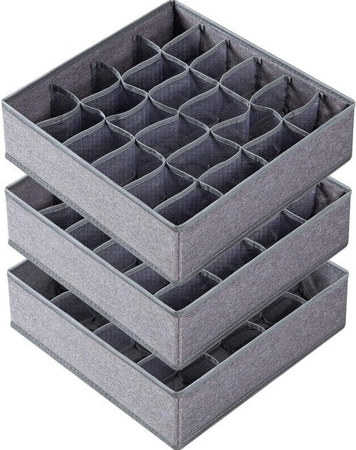 Criusia Sock Organizer - 64 Cell Fabric Drawer Dividers for Socks, Underwear & Ties | Gray