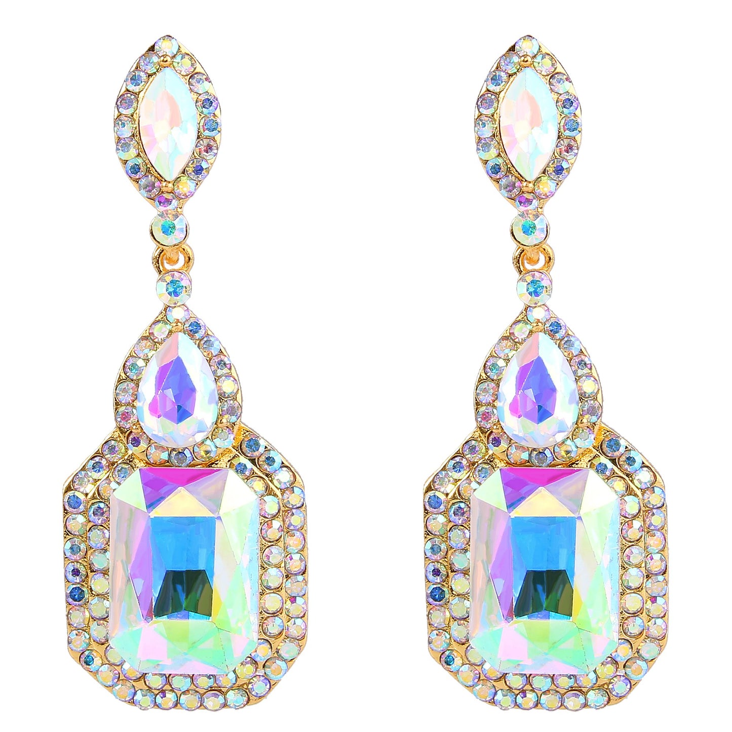 BriLove Women's Wedding Bridal Dangle Earrings Emerald Cut Crystal Infinity Figure 8 Chandelier Jewelry Iridescent AB Gold-Toned