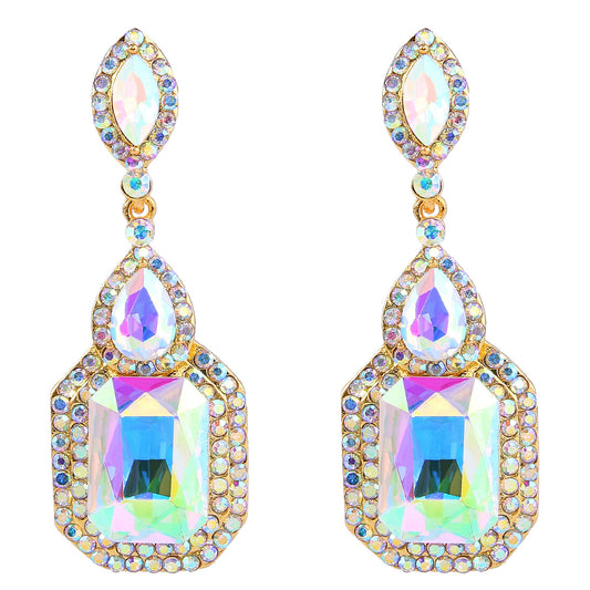 BriLove Women's Wedding Bridal Dangle Earrings Emerald Cut Crystal Infinity Figure 8 Chandelier Jewelry Iridescent AB Gold-Toned