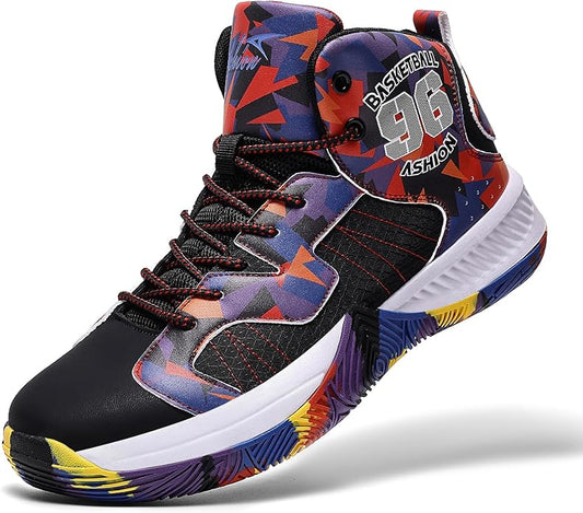 ASHION Kids Basketball Shoes Boys Girls Sneakers Mid-Top Lace Up Cushion Anti Slip Athletic Outdoor Sport Shoes for Unisex-Child