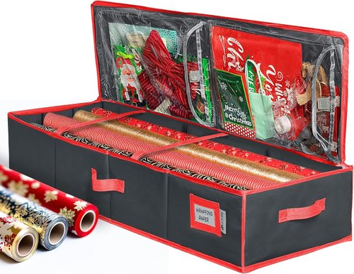 HOLDN’ STORAGE Wrapping Paper Storage Container - Durable 600D Tear-Proof, Fits 27 Rolls, Extra Pockets for Ribbons & Bows - Black Underbed Organizer for Holiday Gifts