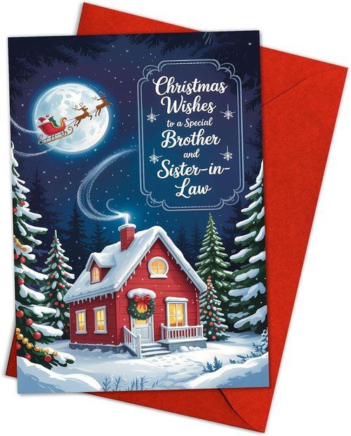 Christmas Wishes Card for Brother & Sister-in-Law - Cozy Winter Cottage Design | Festive 5.3''x8'' with Red Envelope