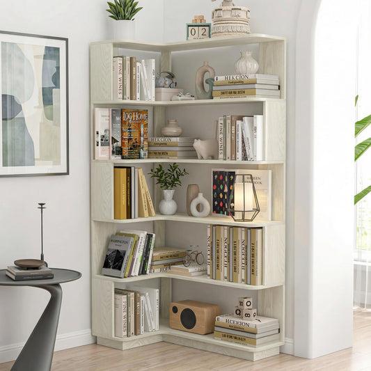 Arvolia 6 Tier Corner Bookshelf, Freestanding L-Shaped Wooden Bookcase with Open Shelves, Anti-Fall Panels and Anti-Tipping Device for Living Room, Home Office (White with Right Extension)