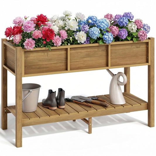 YITAHOME Raised Garden Bed Outdoor HDPE with Shelf, 48x18x30in Poly-Wood Weather-Resistant Elevated Planter Box with Legs for Vegetable Flower, Herb Garden Bed for Backyard Balcony Garden, Brown
