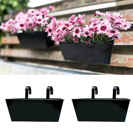 LaLaGreen Railing Hanging Planters (2 Pack, 16 Inch) Large Black Metal Strawberry Flower Pots Outdoor Countryside Modern Rectangle Succulent Planter with Drainage Holes Hanger Balcony Deck Fence Porch