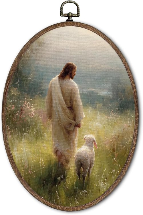 FLAWAFLOMA Christian Jesus Canvas Wall Art - Oval Framed Decor for Home & Church, 8.6x11.4 Inch