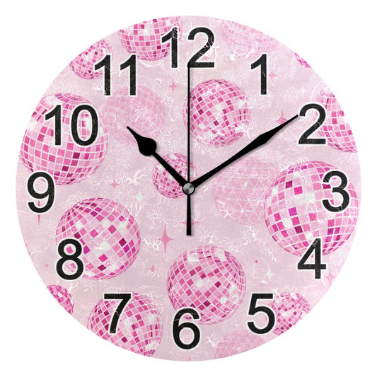 BOENLE Disco Balls Pink Wall Clock Non Ticking Silent Kitchen Clock Large Decorative Battery Operated Clocks 10 inch for Living Room Bedroom Decor