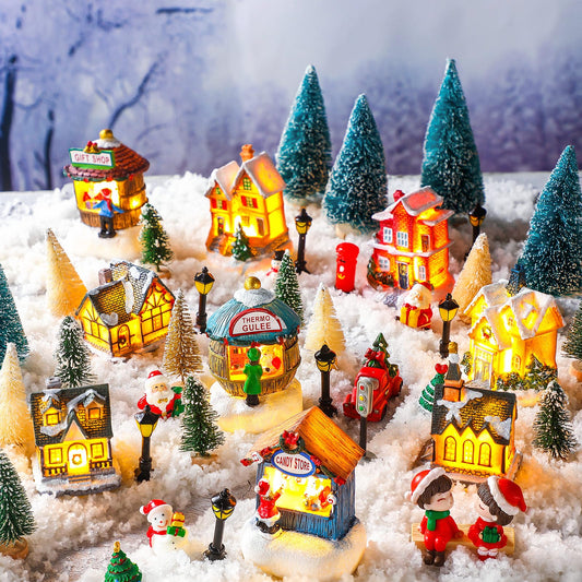 Kasyat 58 Pcs Christmas Village Sets Miniature Christmas Figurines Decoration LED Christmas Village Houses Building Resin Xmas Scene Village Accessories Ornaments for Winter Indoor Room Decor Gifts