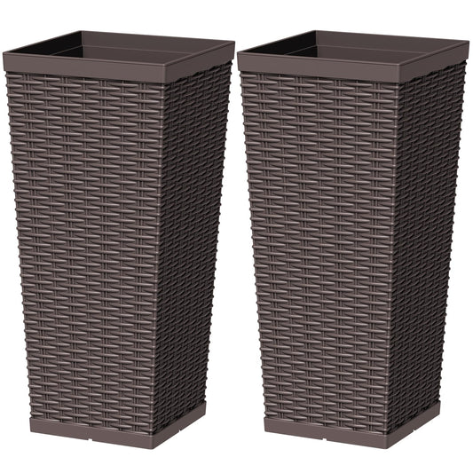 Greesum 23 Inch Tall Plastic Planters (Set of 2), Large Outdoor Flower Pots with Detachable Inner Pot & Drainage Holes for Plants, Trees, Patio, and Garden, Brown