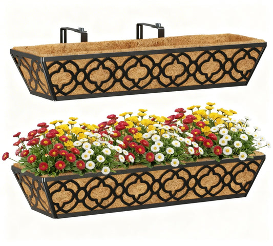 Y&M Deck Railing Planter Boxes, Adjustable Balcony Planter for Outdoor Plants, Metal Railing Planter Box for Deck, Fence and Porch, Window Boxes Outdoor, Sturdy Hanging Planter-24inch 2pcs