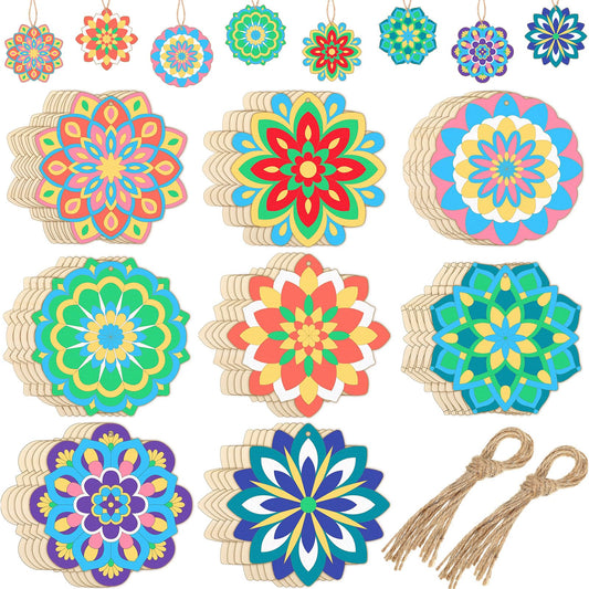 Blosssound 40 Pcs Unfinished Wood Mandala to Paint Wooden Mandala Painting Crafts Diwali Art Slices for Adult to Relax Painting DIY Crafts Ornament Wedding Home Decorations, 4 Inch(Fresh)