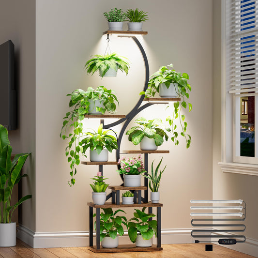Plant Stand Indoor with Grow Lights - 62" Tall Plant Shelf, Lighted Corner Plant Stands for Indoor Growing, 8 Tiered Large Flower Holder, S-Shaped Decorative Rack for Living Room, Patent Design, Brown