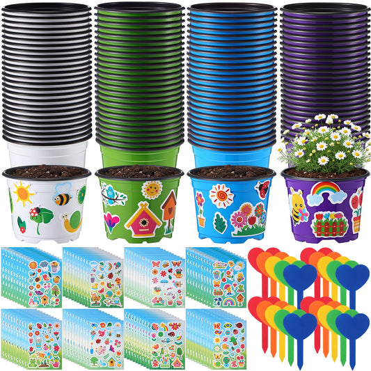 RimCereal 200 Sets Garden Pot Craft Kit, Flower Plant Spring Craft Including Plastic Nursery Plant Pots Labels Tags Stickers for DIY Flower Planting Growing Birthday Arts Kit (Lively)