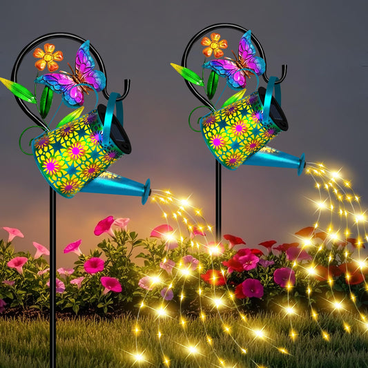 Solar Watering Can with Lights, Waterproof Solar Lantern with Butterfly Shepherd Hook, Hanging Garden Lights for Patio Yard Lawn Porch Outdoor Decoration 2 Pack