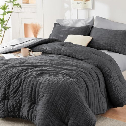 HYMOKEGE King Size Comforter Set - 7-Piece All-Season Luxury Bedding in Dark Grey/Light Grey