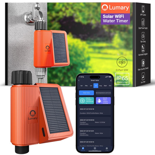 Lumary Solar WiFi Sprinkler Timer with Flow Monitor, Smart Water Timer for Garden Hose, Remote Control with App/Alexa via 2.4Ghz, Auto Irrigation Controller for Lawns Yard, Support C-Port Charging 10W