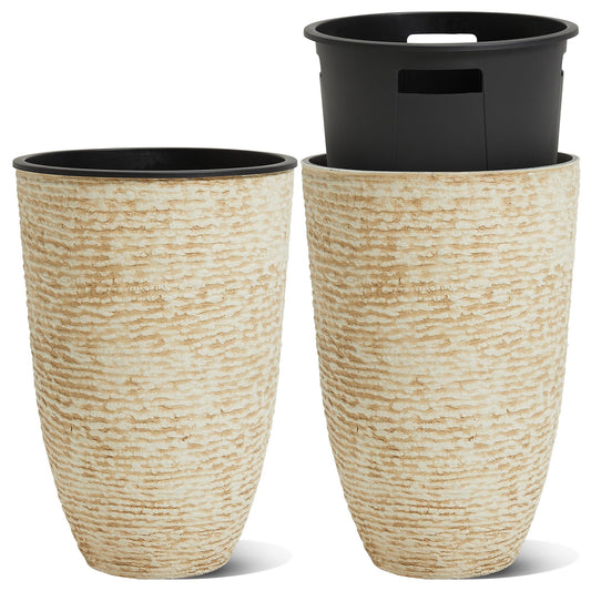 Worth Garden 21" H Beige Tall Planters set of 2 with Inside Pots - 14'' Dia Plastic Large Round Plant Tree Pots with Drain Hole - Decorative Imitation Stone Finish for Indoor Outdoor Front Porch Patio