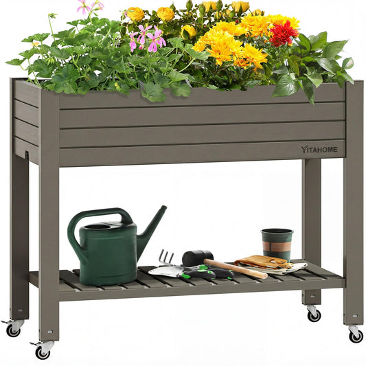 YITAHOME 3.6x1.5x2.8 FT Elevated Garden Bed Kit with Legs and Wheels, Outdoor Large Resin Planter Box Stand with Drain Plug and Storage Shelf for Plants Vegetables Fruits, Light Brown
