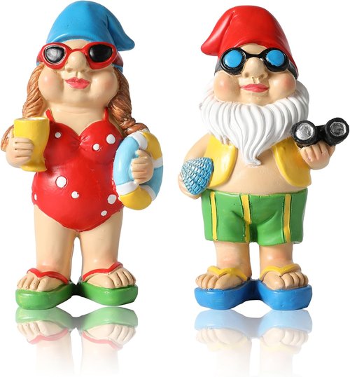 iStatue Beach Gnomes - Fun Resin Tabletop Decorations with Swim Rings & Sunglasses | Set of 2 for Home & Garden