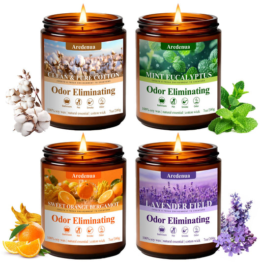 4 Pack Odor Eliminating Candles Set - Eliminates 95% of Pet, Smoke, Food & Other Smells - Hand Poured Non-Toxic Soy Candle, Air Freshing Scent of Lavender/Orange/Mint/Cotton - Gifts Set for Women