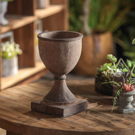 GCVNEX Vintage Pedestal Urn Planter with Distressed Rust Finish, Decorative Iron Flower Pot, Classic Rustic Plant Pot, Shabby Chic for Mantel, in&Outdoor Home Garden Decor (11.6" H x 6.9" W) (A3199)