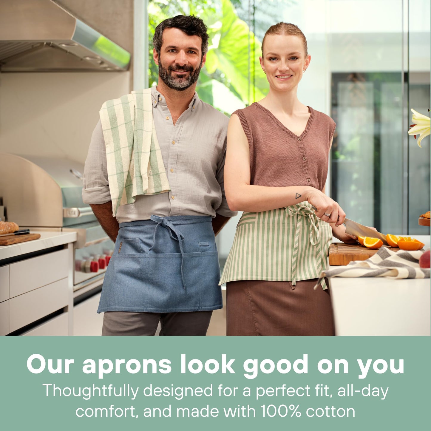 MEEMA Chef Waist Apron Cotton Fabric |Washable & Breathable Waitress & Server Half Aprons for Women with Pockets & Long Waist Straps | Cooking, Baking, Grilling & Crafting