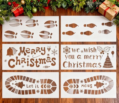 EXCEART Christmas Santa Footprint Stencils - 6 Hollow-Out Painting Templates for Floor & Wall Decor