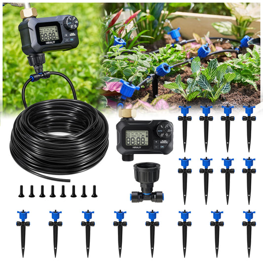 HIRALIY 50FT Pressure Compensated Drip Irrigation System with Timer, No-Leak Quick Connect Automatic Watering System, 12 Adjustable Emitters for Uniform Flow, Garden, Patio, Raised Bed