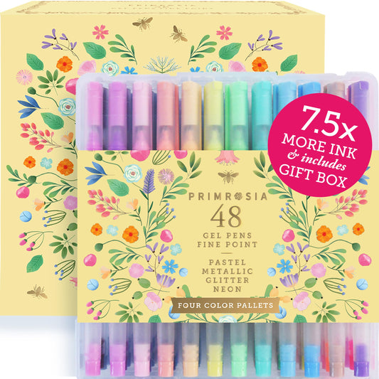 Primrosia 48 Gel Pens, inc. Metallic, Pastel, Glitter & Flourescent for Adult Coloring Book & Dot Grid Journal Pens. No-Bleed-Through in a Variety of Shades, 7.5x More Ink Fine Point Markers Set