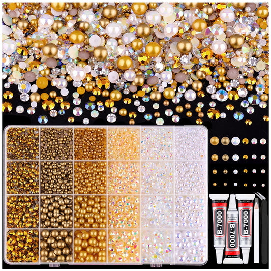 14000PCS Flatback Pearls and Gold Rhinestones for Bedazzling Kit, White Brown 3-10mm Resin Rhinestones and Half Pearls for Crafting, Nail Art Crafts Dec with 3pcs B7000 Jewelry Glue