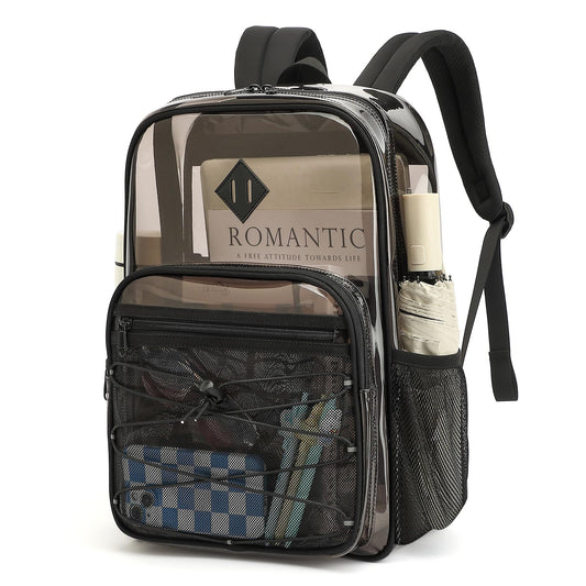 MUSEVOS Clear Backpack Heavy Duty for School, Large PVC See Through Backpacks for Stadium Events, Travel, Clear BookBag for Kids, Boys and Girls, Semi Black